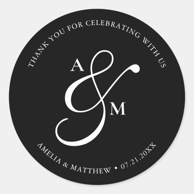 Minimalist Script Monogram Wedding Black Runder Aufkleber (Vorderseite)