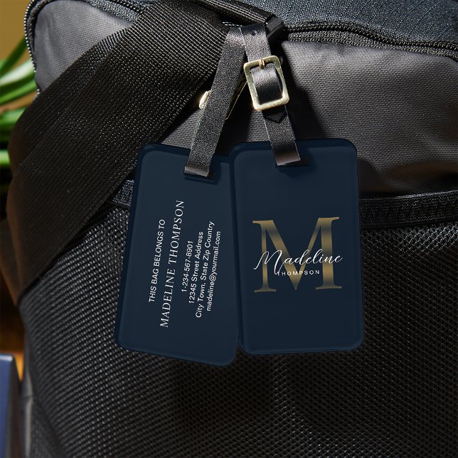 Minimalist Script Navy Blue Metallic Gold Monogram Gepäckanhänger (Von Creator hochgeladen)