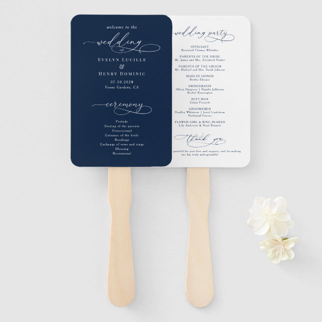 Minimalist Script Navy Blue Wedding Program Fächer (Vorne und Hinten)
