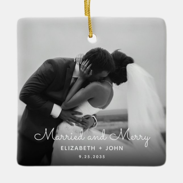 Minimalist Script Photo Black and White Married Keramikornament (Vorderseite)