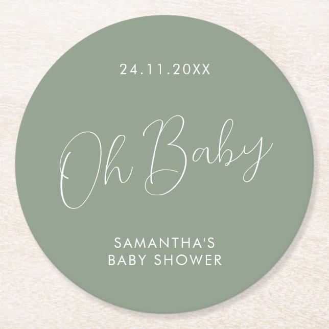 Minimalist Script Sage Green Baby Shower day Runder Pappuntersetzer (Vorderseite)