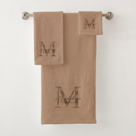 Minimalist Script Taupe Metallic Gold Monogram Badhandtuch Set