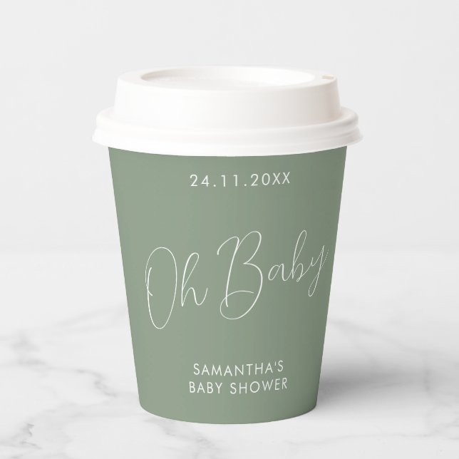 Minimalist Sign Sage Green Oh Baby Shower Pappbecher (Vorderseite)