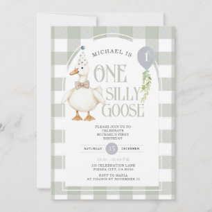 Minimalist Silly Goose 1. Geburtstag Gingham Einladung