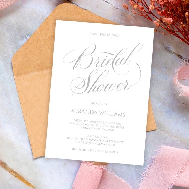 Minimalist Silver Handwritten Script Bridal Shower Einladung (Von Creator hochgeladen)
