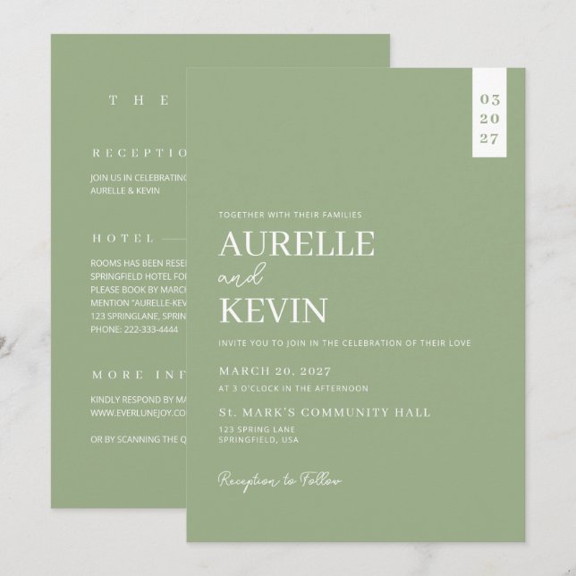 Minimalist Simple Elegant Sage QR Code Wedding Einladung (Vorne/Hinten)