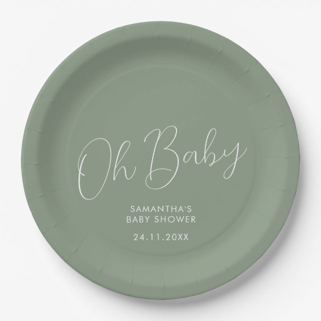 Minimalist Skript Salbeigrün Oh Baby Shower Datum Pappteller (Vorderseite)