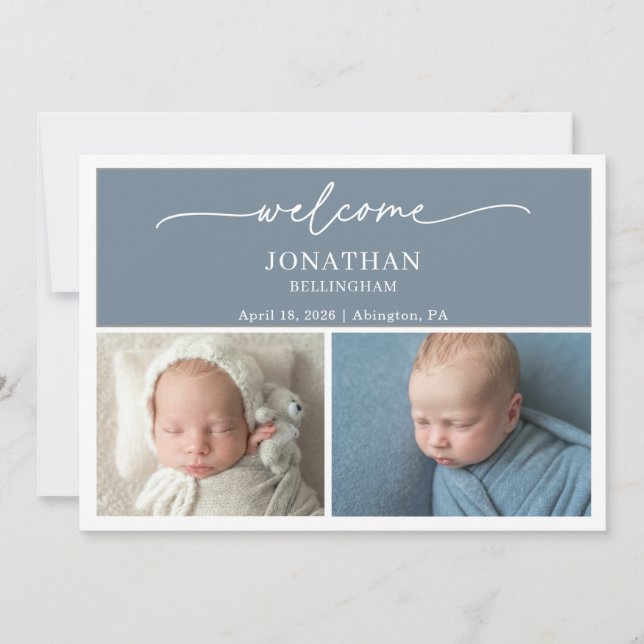 Minimalist Slate Blue Photo Baby Announcement Card Einladung (Vorderseite)