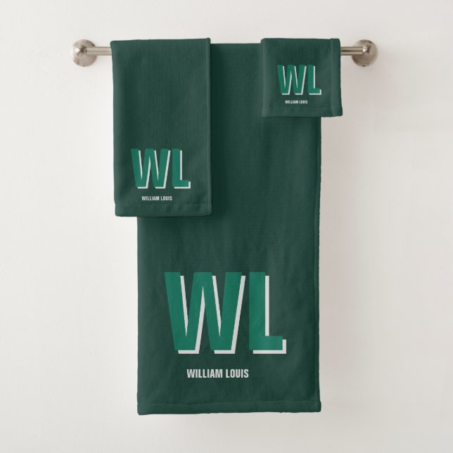 Minimalist Smaragdgrün personalisierte Monogramm  Badhandtuch Set (Insitu)