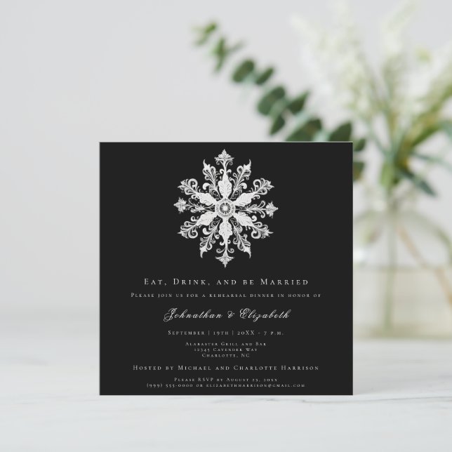 Minimalist Snowflake Rehearsal Dinner | Black Einladung (Stehend Vorderseite)