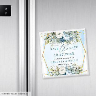 Minimalist Staubblau Blumen Gold Save the Date Magnet
