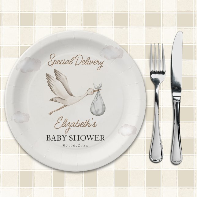 Minimalist Stork-Themed Baby Shower Neutral Pappteller (Von Creator hochgeladen)