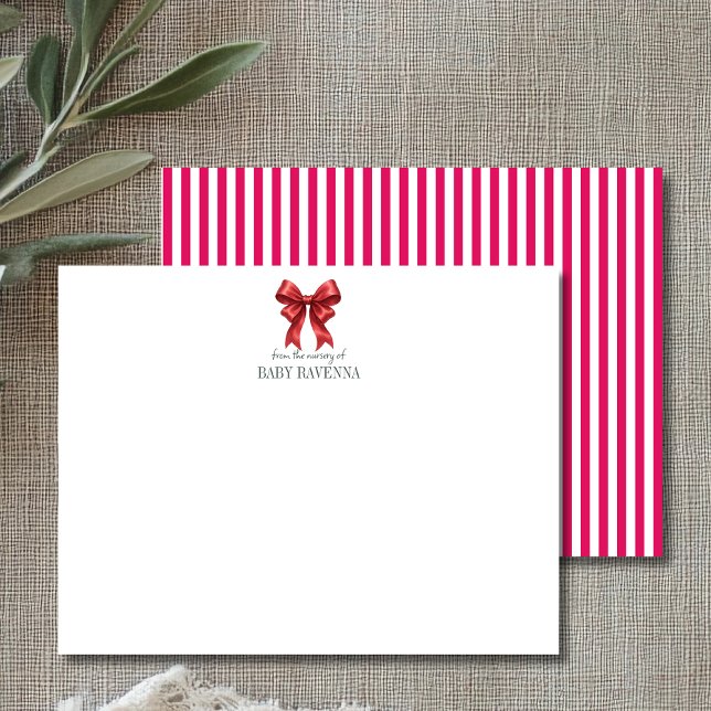 Minimalist Striped Ruby Bow Cute Nursery Note Card Mitteilungskarte (Von Creator hochgeladen)