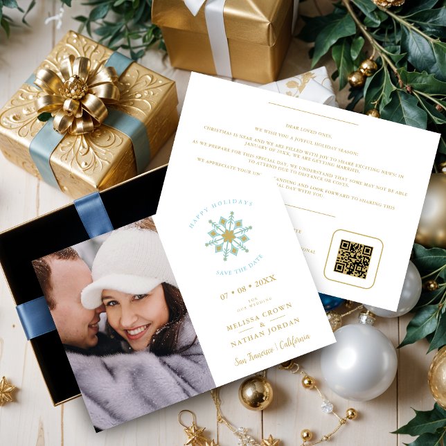 Minimalist Stylish Gold & Blue Snowflake Photo Save The Date (Minimalist Stylish Faux Gold & Blue Snowflake Photo Wedding Save the Date with QR Code. )