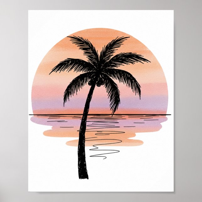 Minimalist Sunset Beach Poster – Palm Tree Ocean (Vorne)