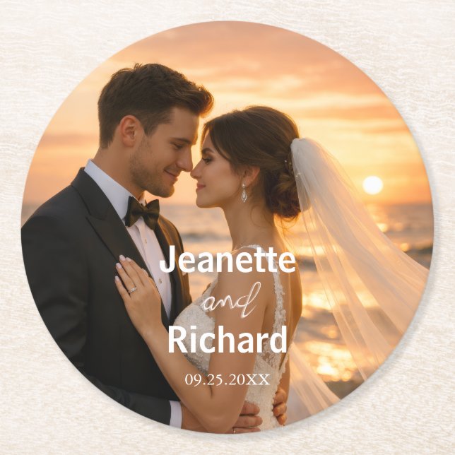 Minimalist Sunset Beach Romantic Wedding Vows  Runder Pappuntersetzer (Vorderseite)