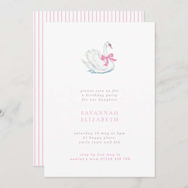 Minimalist Swan and Pink Bow Girls Birthday Party Einladung (Vorne/Hinten)