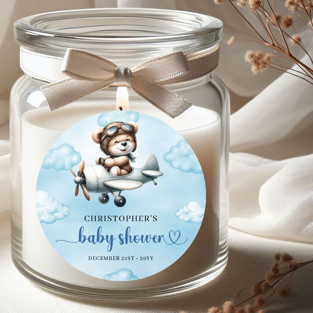 Minimalist Teddy Bear Pilot Airplane Blue Brown  Runder Aufkleber (Minimalist Teddy Bear Pilot Airplane Blue Brown Baby Shower Sticker

)