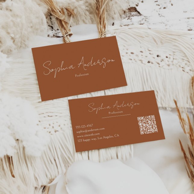 Minimalist Terracotta Modern Script Qr Code        Visitenkarte (Von Creator hochgeladen)