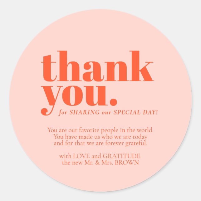 Minimalist Thank You elegant Orange Pink Runder Aufkleber (Vorderseite)