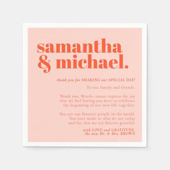 Minimalist Thank You left Orange Pink name Serviette (Vorderseite)
