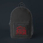 Minimalist Trail Hiking black red Backpack Bedruckter Rucksack<br><div class="desc">Looking for a backpack that's as amazing as you are? Check out this super cool black hiking backpack! It has awesome orange side panels that pop, plus a fun mountain design on the front pocket with the saying "Altitude Improves Attitude" – how cool is that?! It's seriously lightweight, so you'll...</div>