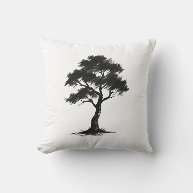 Minimalist Tree – Ink Brush Nature Illustration on Kissen (Vorderseite)