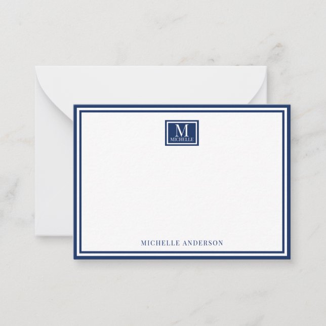 Minimalist Two Boarder Monogram Name Navy Blue Mitteilungskarte (Vorderseite)