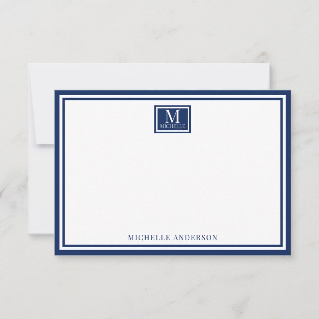 Minimalist Two Boarder Monogram Name Navy Blue Mitteilungskarte (Vorderseite)