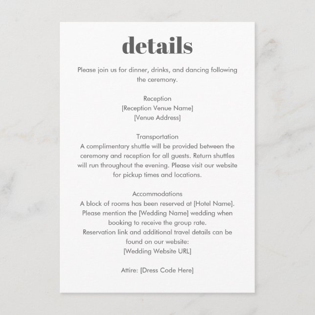 Minimalist Typography Black White Wedding Details Begleitkarte (Vorderseite)