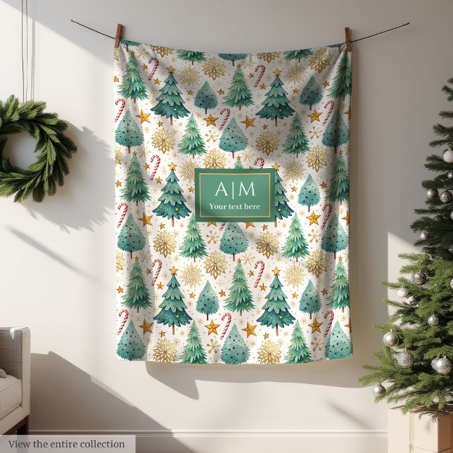 Minimalist watercolor Christmas trees custom name Fleecedecke (Minimalist watercolor Christmas trees custom name Fleece Blanket )