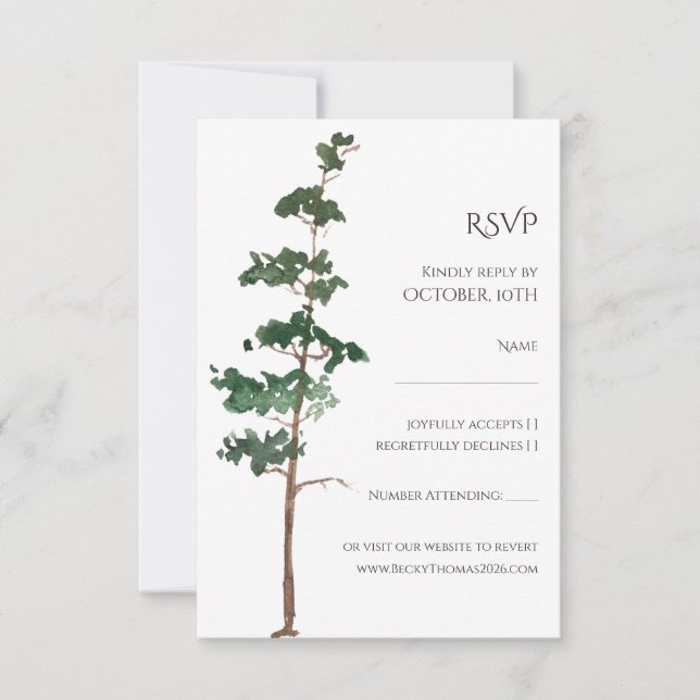 Minimalist Watercolor Spruce Wedding RSVP Karte (Vorderseite)