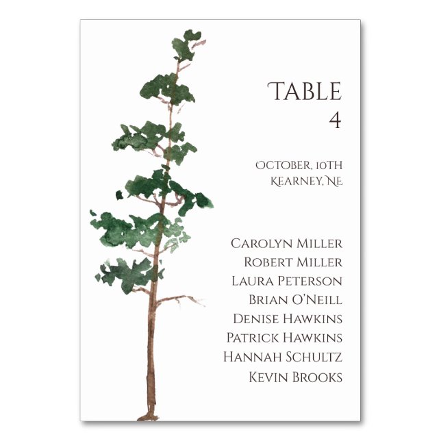 Minimalist Watercolor Spruce Wedding Tischnummer (Vorderseite)