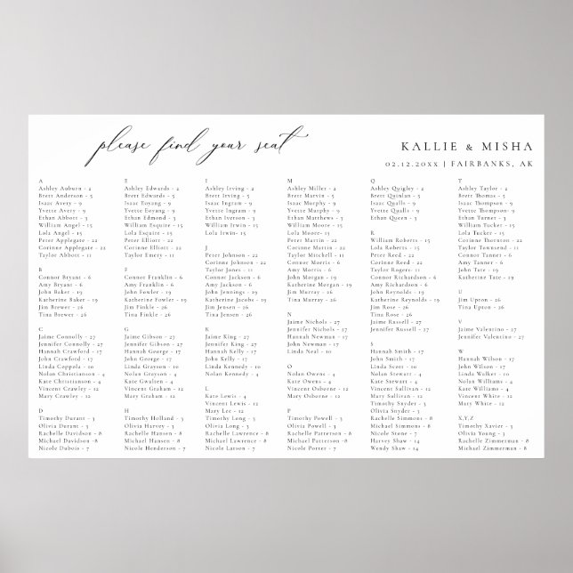Minimalist Wedding Alphabetical Seating Chart Poster (Vorne)