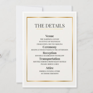 Minimalist Wedding Details Card – Gold Border Einladung