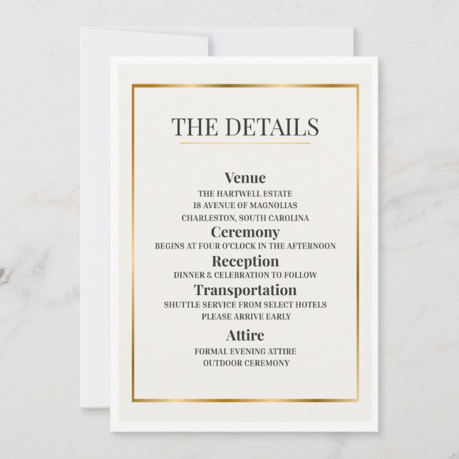 Minimalist Wedding Details Card – Gold Border Einladung (Vorderseite)
