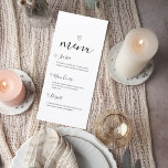 Minimalist Wedding Menu Card Menükarte<br><div class="desc">Add a refined touch to your reception with this elegant minimalist wedding menu sign. Designed with a delicate heart accent and graceful script lettering, this menu display presents your meal selections in a clean, romantic layout that complements modern and timeless wedding décor. The structured format clearly highlights each course—from starters...</div>