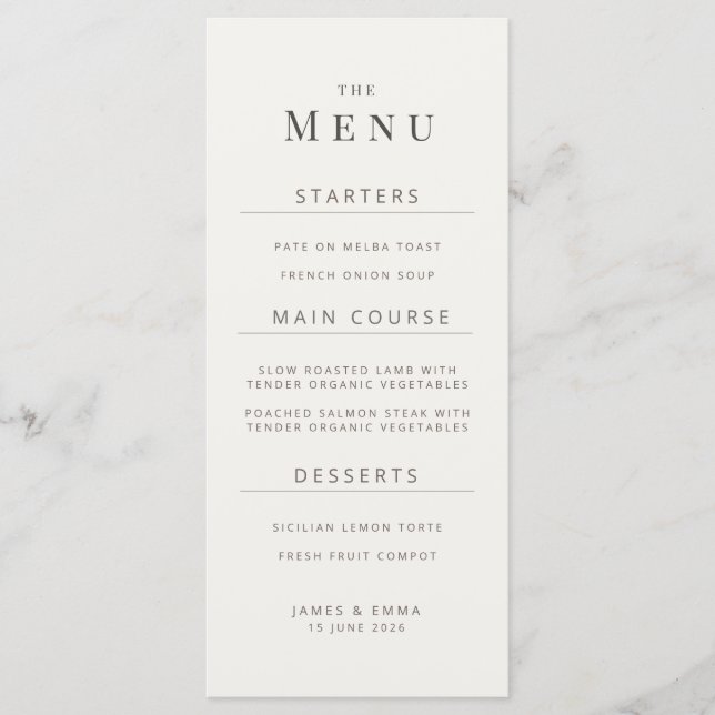 Minimalist Wedding Menu | Warm White Menükarte (Vorderseite)
