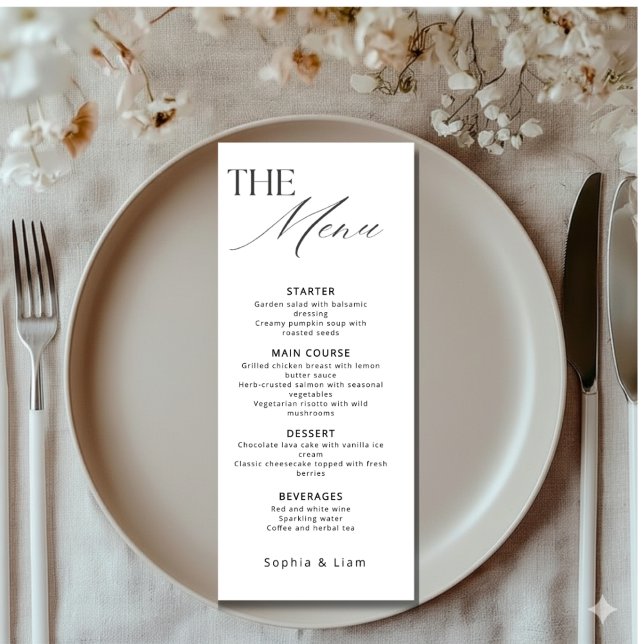 Minimalist Wedding Menu with Modern Calligraphy Menükarte (Von Creator hochgeladen)