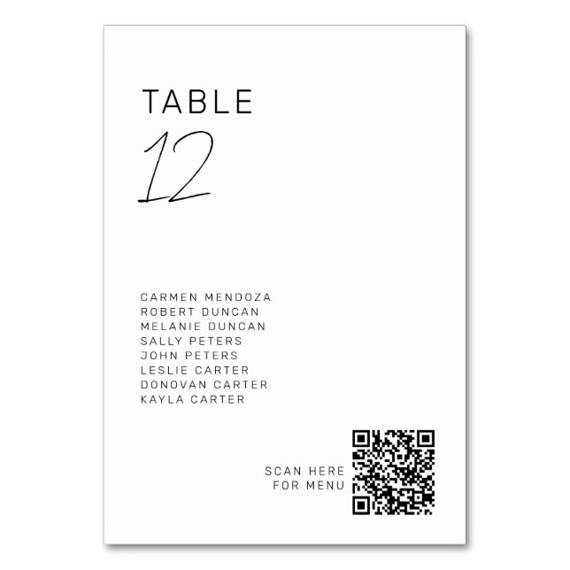 Minimalist Wedding Seating Chart QR Modern  Tischnummer (Vorderseite)