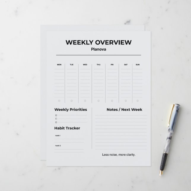 Minimalist Weekly Planner | Weekly Tasks Organizer (Vorderseite/Rückseite Beispiel)