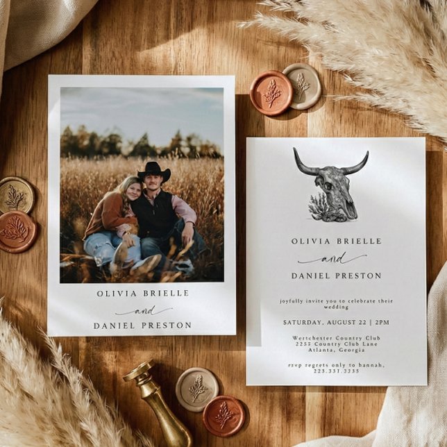 Minimalist Western Cow Skull Rustic Photo Wedding Einladung (Von Creator hochgeladen)