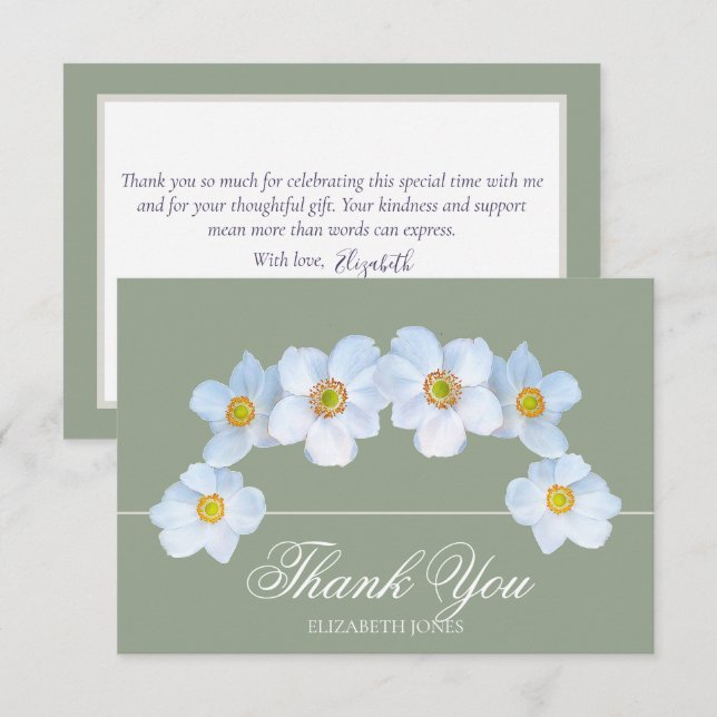 Minimalist White Anemone Bridal Shower Thank You Dankeskarte (Vorne/Hinten)
