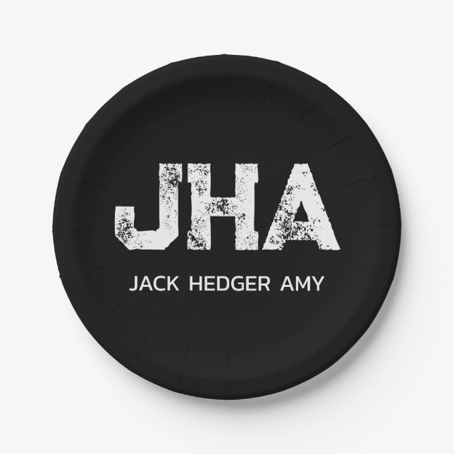 MINIMALIST WHITE THREE LETTER MONOGRAM NAME BLACK PAPPTELLER (Vorderseite)