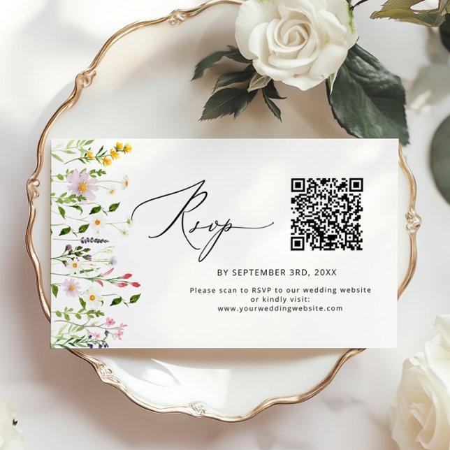 Minimalist Wildflower QR code wedding RSVP Begleitkarte (Von Creator hochgeladen)
