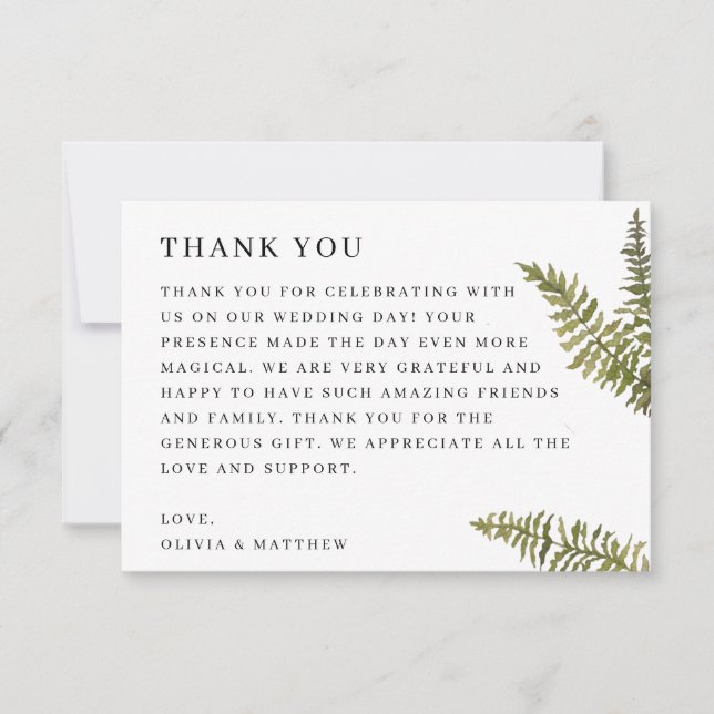 Minimalist Woodland Nature Wedding | Elegant Fern Dankeskarte (Vorderseite)