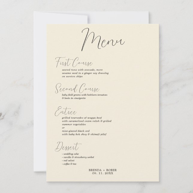 Minimalistic Black Script On Beige Wedding Menu Einladung (Vorderseite)