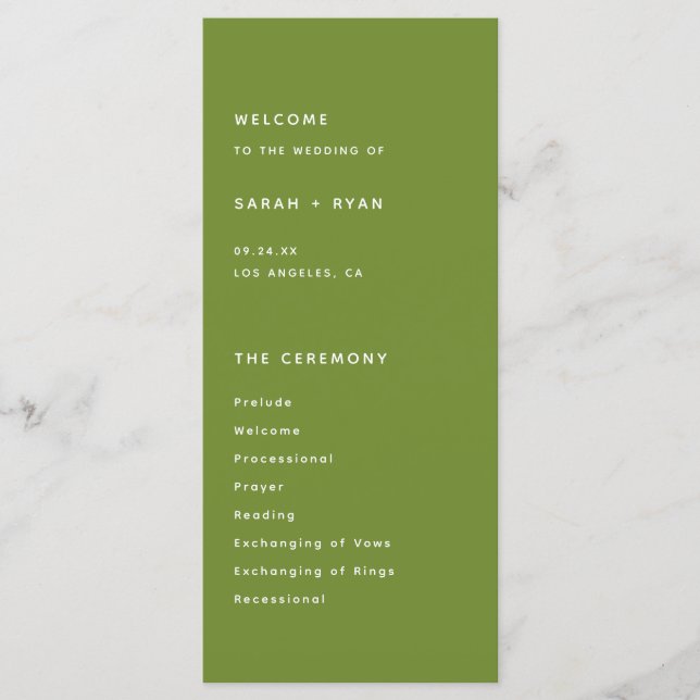 Minimalistic Dark Olive Green Wedding Ceremony Programm (Vorderseite)