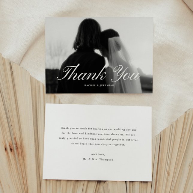 Minimalistic Script Black & White Wedding Photo Dankeskarte (Von Creator hochgeladen)
