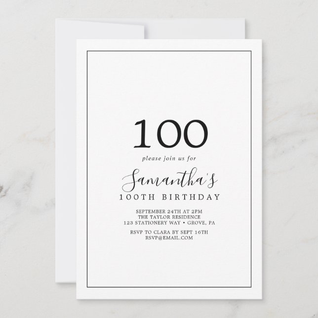 Minimalistisch 100. Geburtstag Einladung (Vorderseite)
